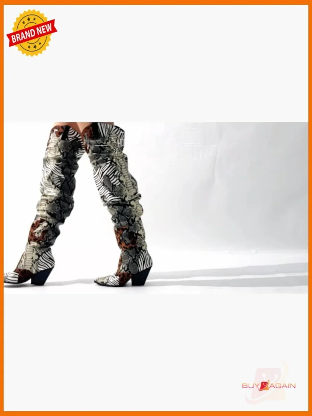 Thigh High Cowboy Boots Chunky Heel Faux Snakeskin Western Booties